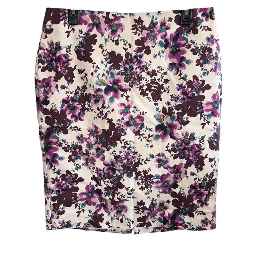 Ann Taylor Factory Cotton Purple and Cream Floral Pencil Skirt Size 10
